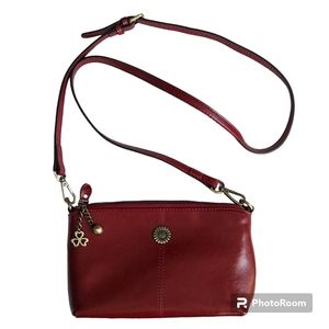 Red Smooth Oil Rich Leather Crossbody Purse Zip Top Multiple Pockets Sunflower